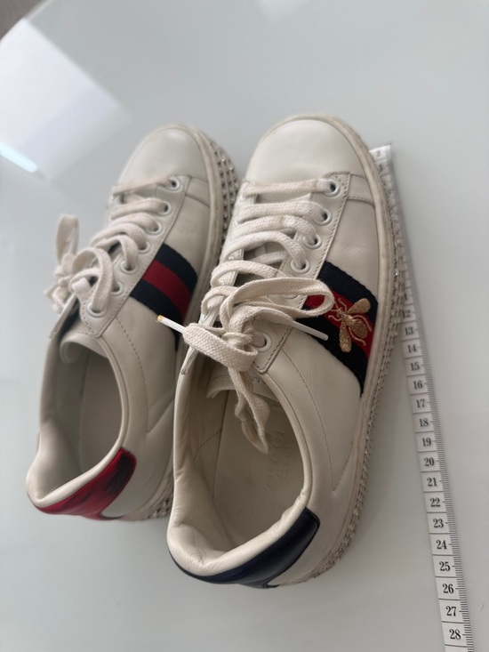 Gucci Shoes - Gucci Off-White Leather Sneakers with Red & Blue Web Stripe and Gold Bee